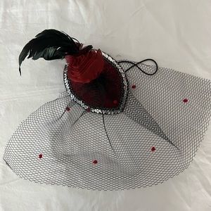 Black/Red Rose Fascinator with feather, sequins, and front netting